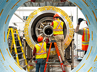 Two people in hard hats working on LM26's plasma injector.